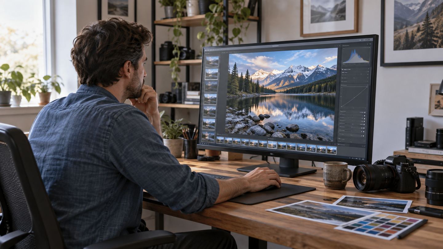 Photographer adjusting family portraits on a 4K monitor in a naturally lit home studio