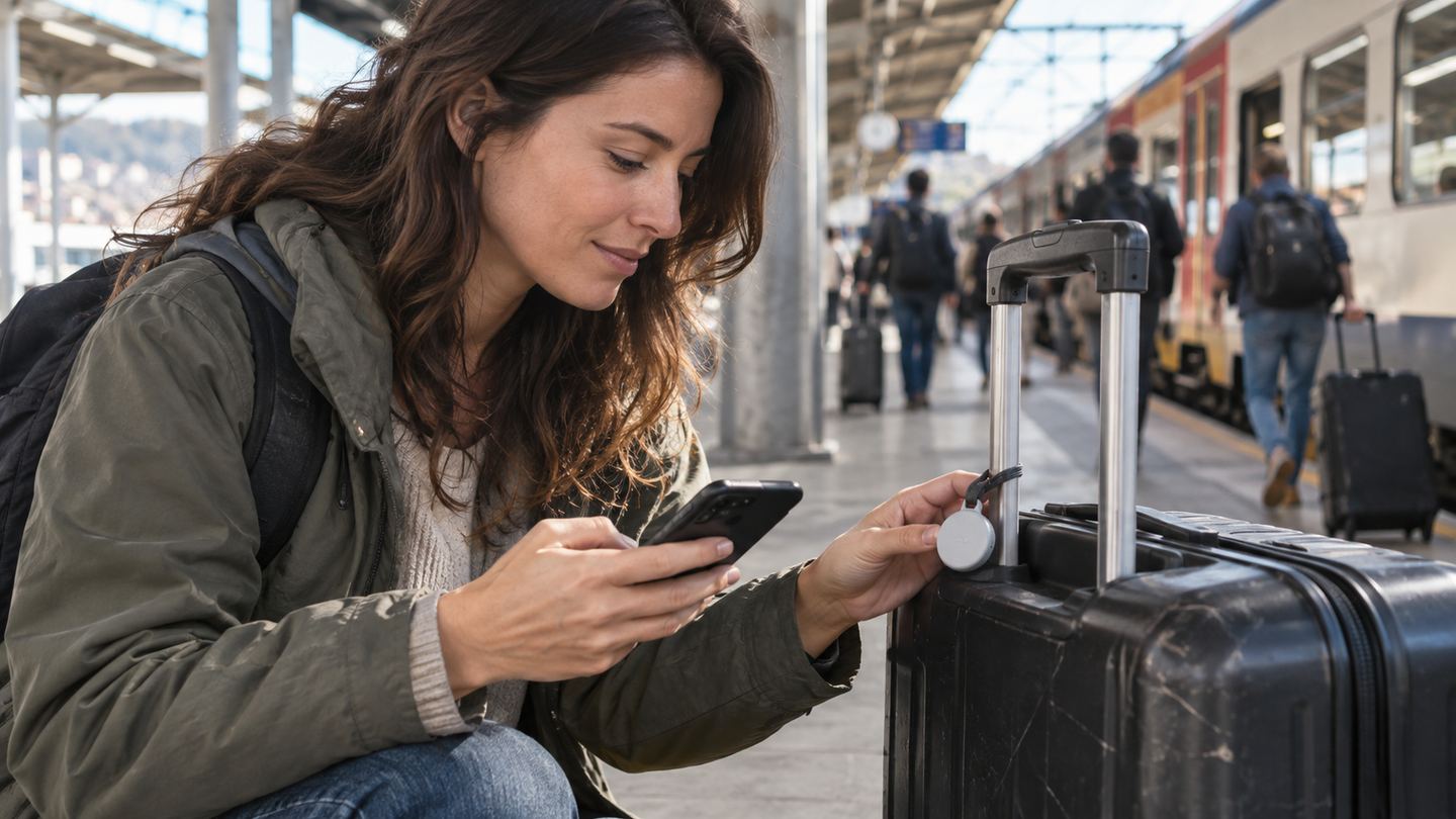 Traveler checking a small Bluetooth tracker attached to luggage at a railway station