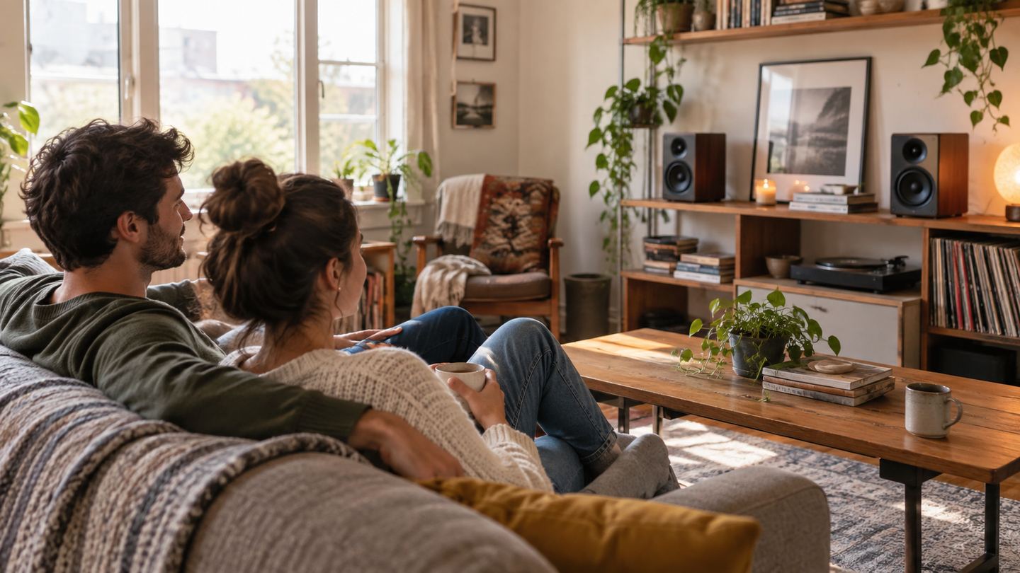 Couple listening to compact bookshelf speakers on shelves in a small apartment living room