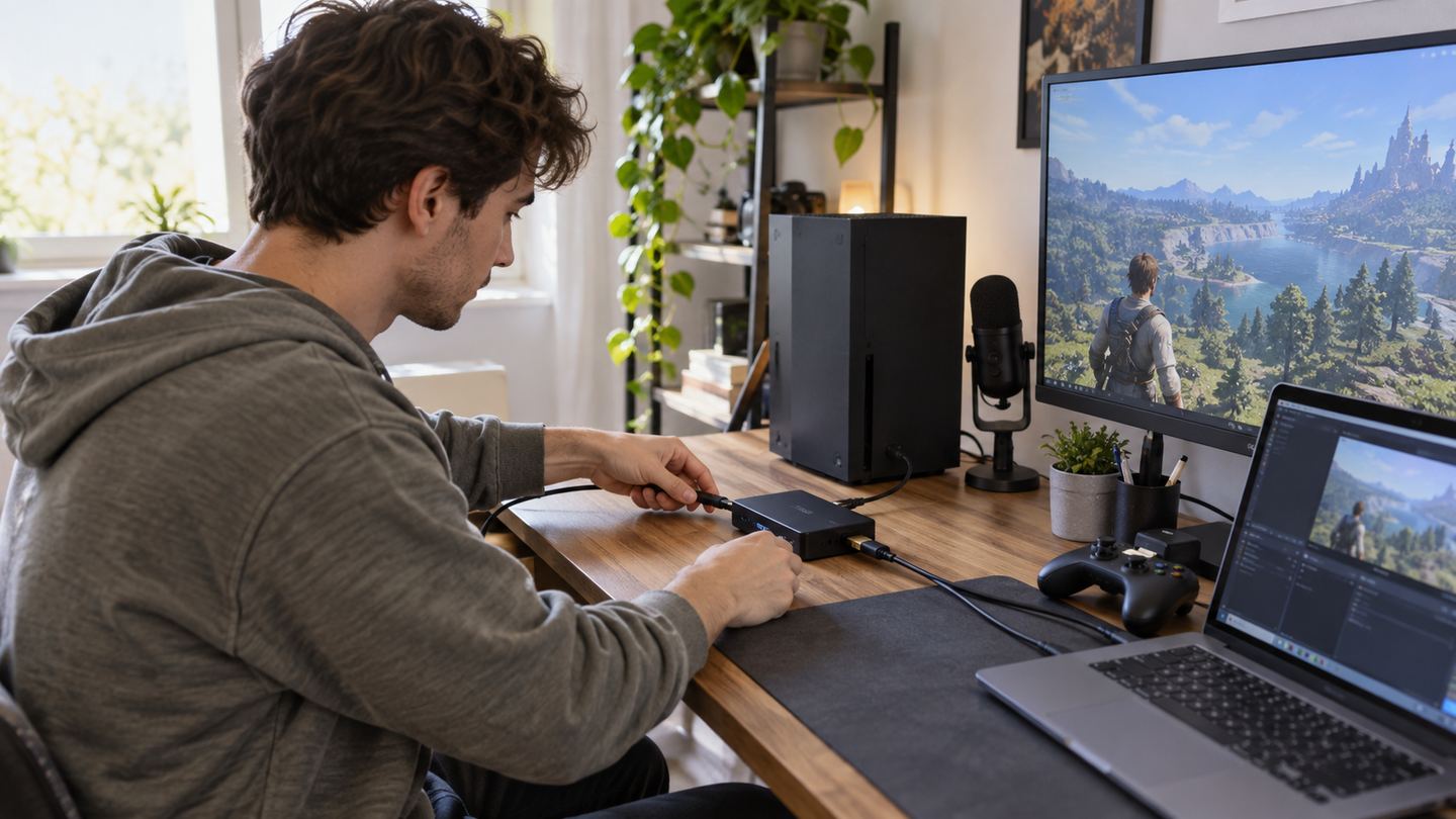 Beginner streamer connecting a capture card between console, computer, and display at home