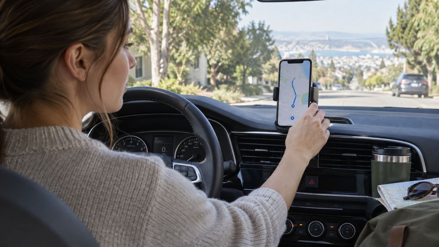 Driver checking a securely mounted phone navigation screen in a parked car