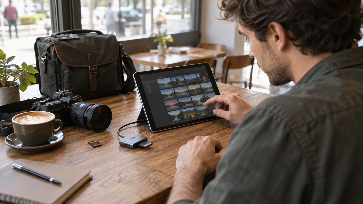 Photographer importing camera photos through a card reader into a tablet at a cafe