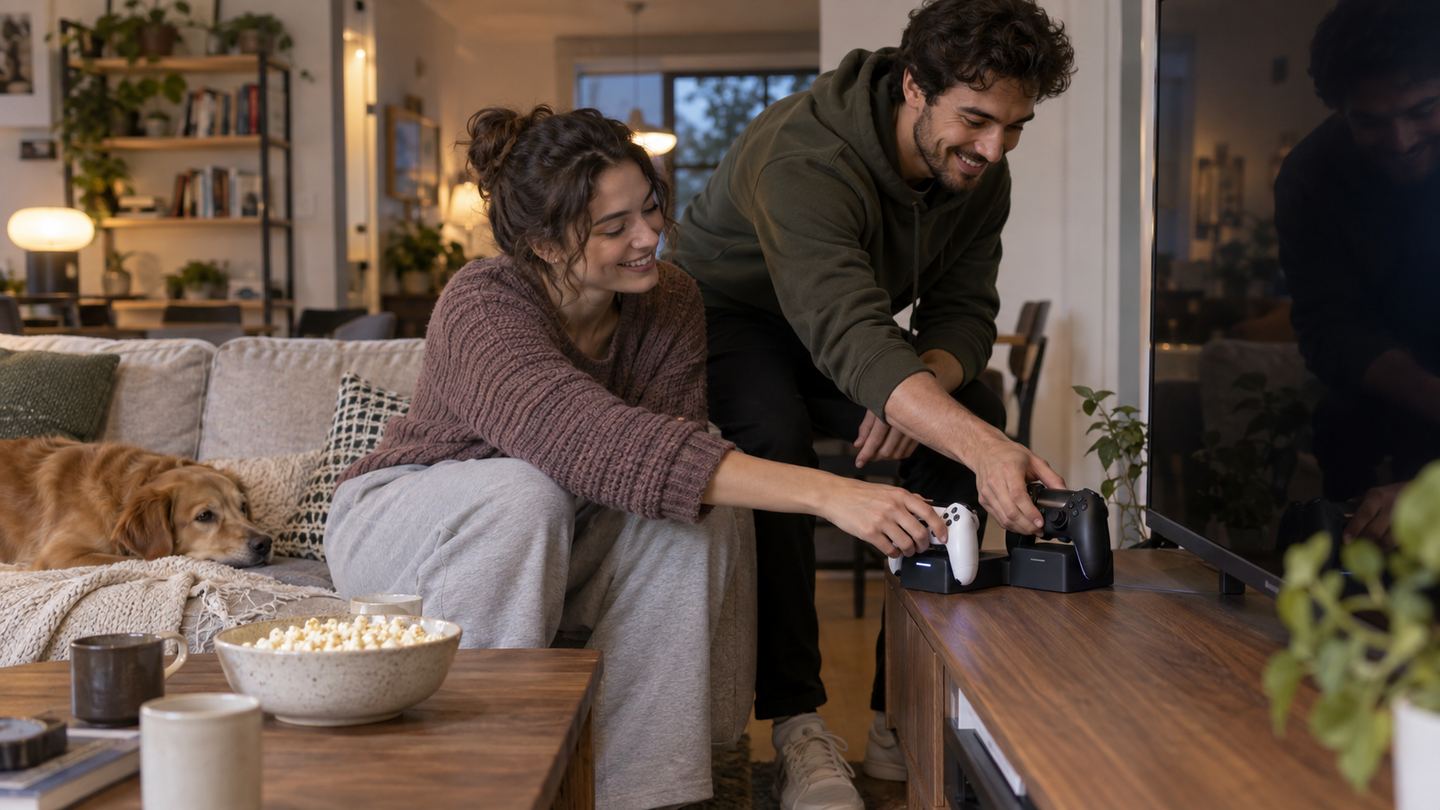 Two game controllers resting in a neat charging dock on a family TV stand