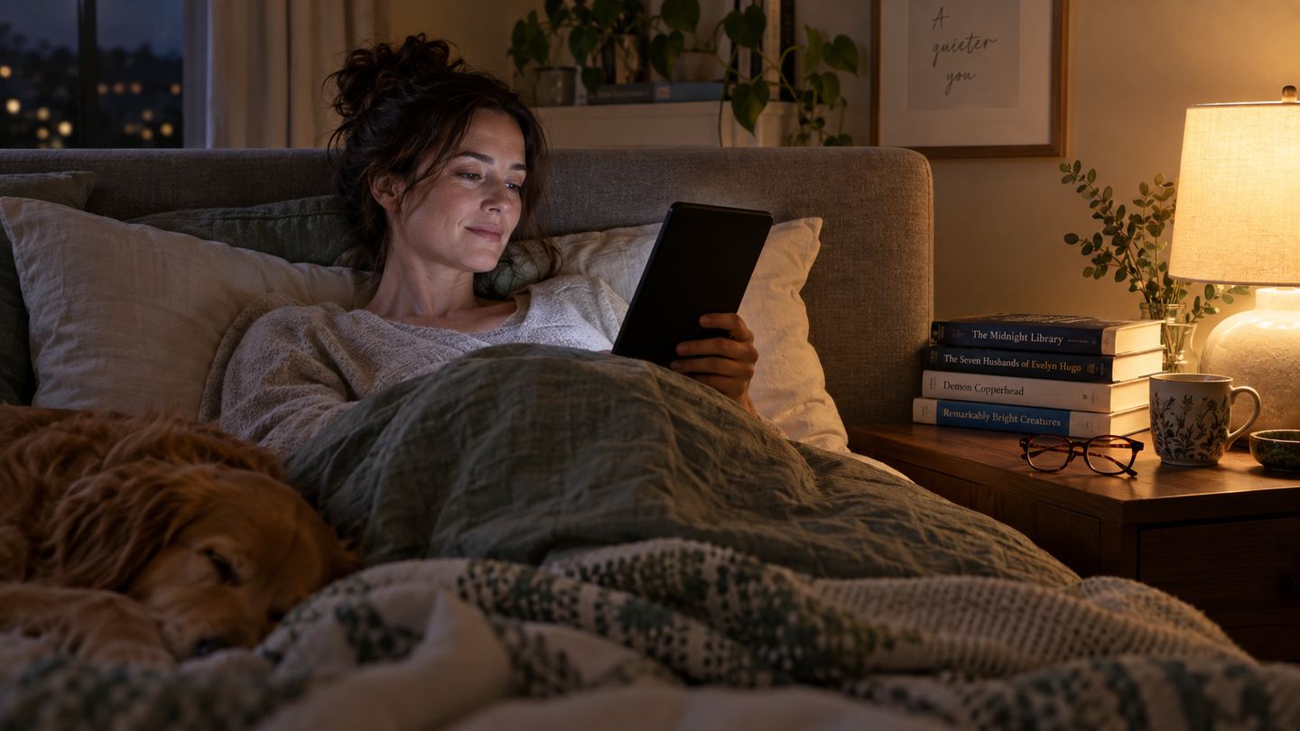 Reader holding an e-reader beside a bedside lamp in a calm bedroom