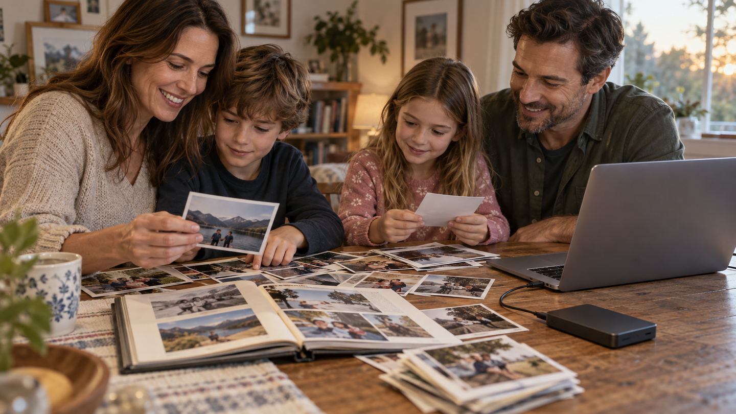 Family sorting printed photographs while backing up digital photos to an external drive at home