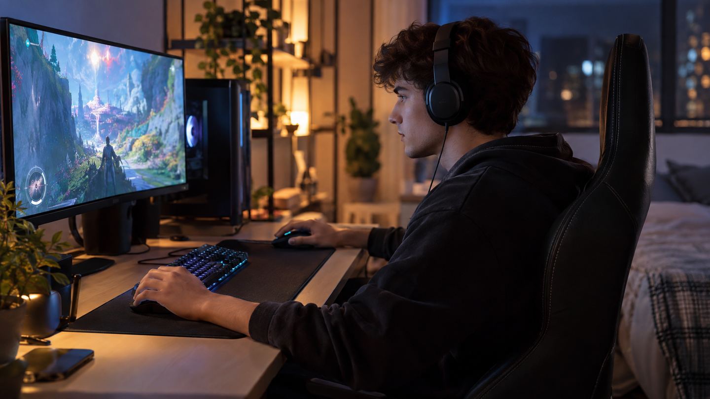 Gamer using a comfortable gaming mouse at a tidy desk during an evening session
