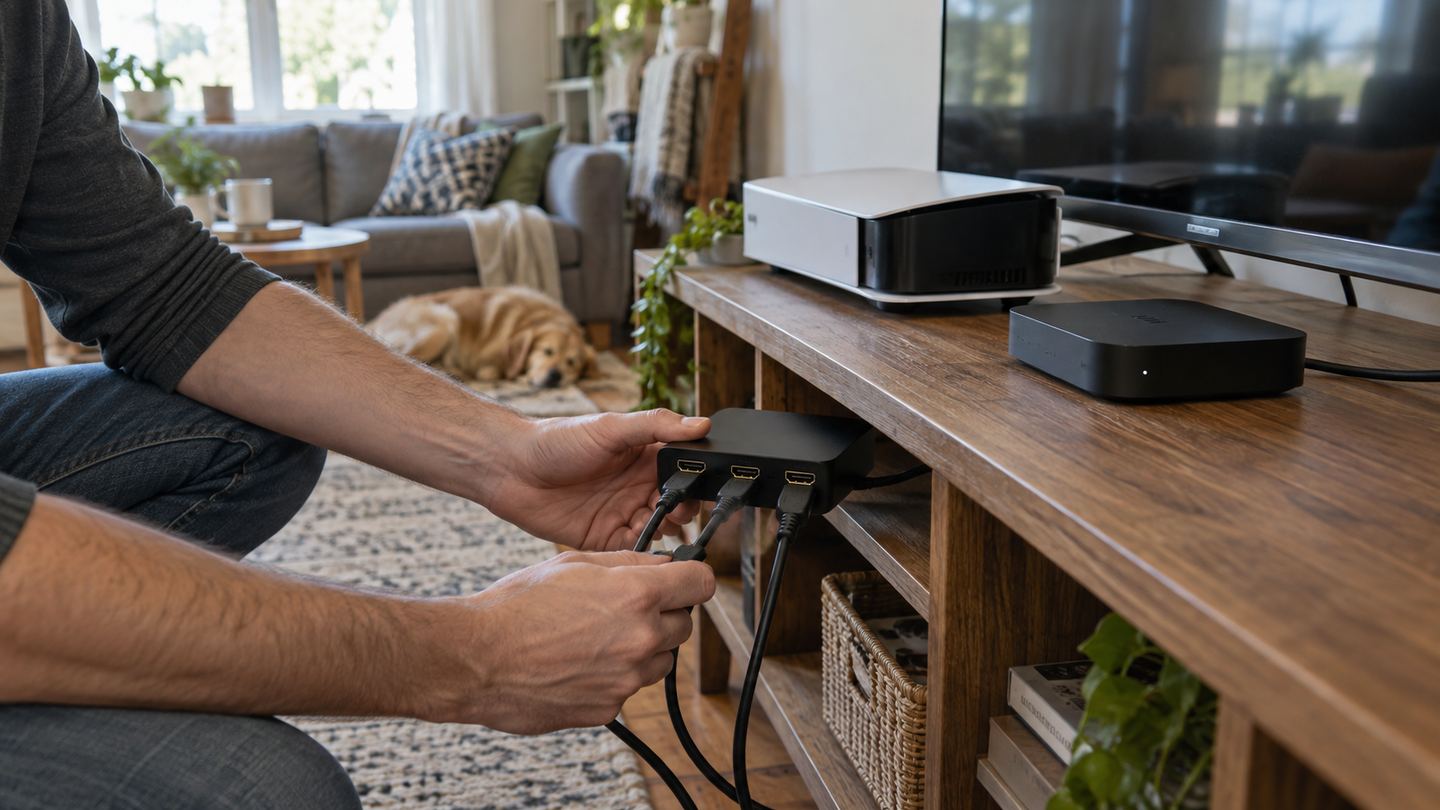 Family connecting a compact HDMI switch among game console and streaming devices on a TV stand