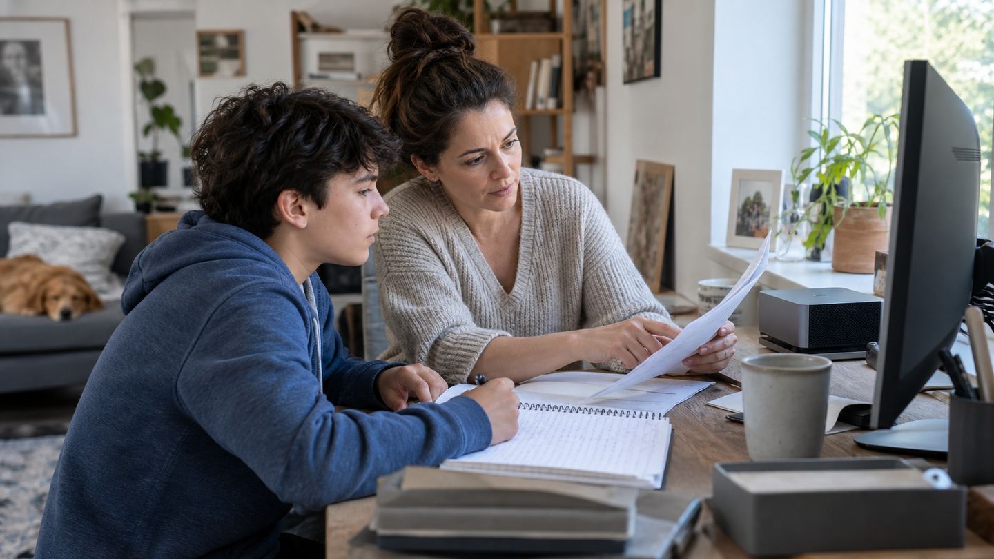 Parent and teenager using a compact mini PC at a shared family desk