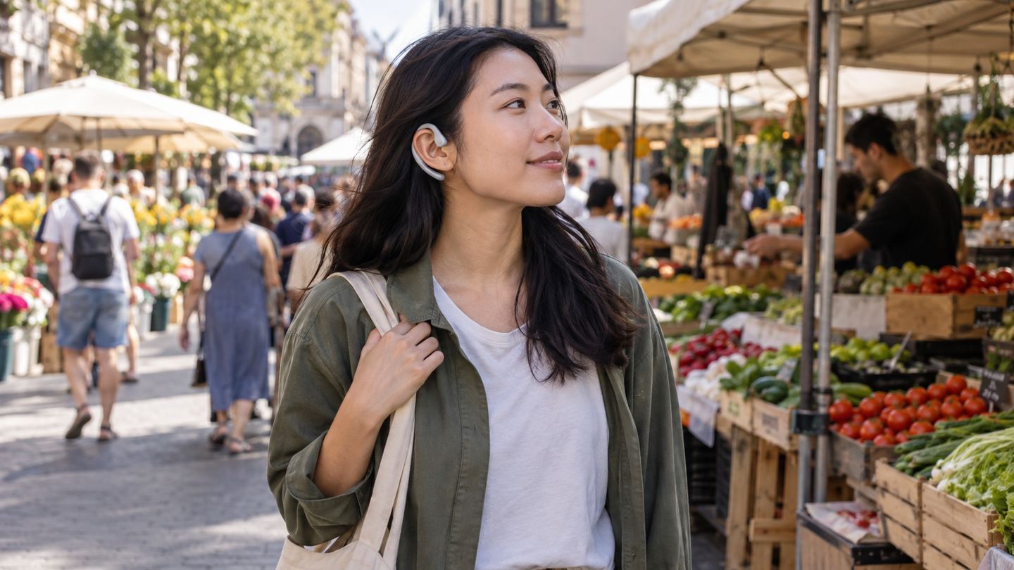 Person walking through a neighborhood market wearing unobtrusive open-ear headphones