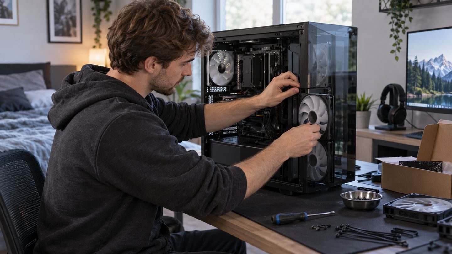 Gamer installing a case fan in an open desktop PC in a quiet bedroom workspace
