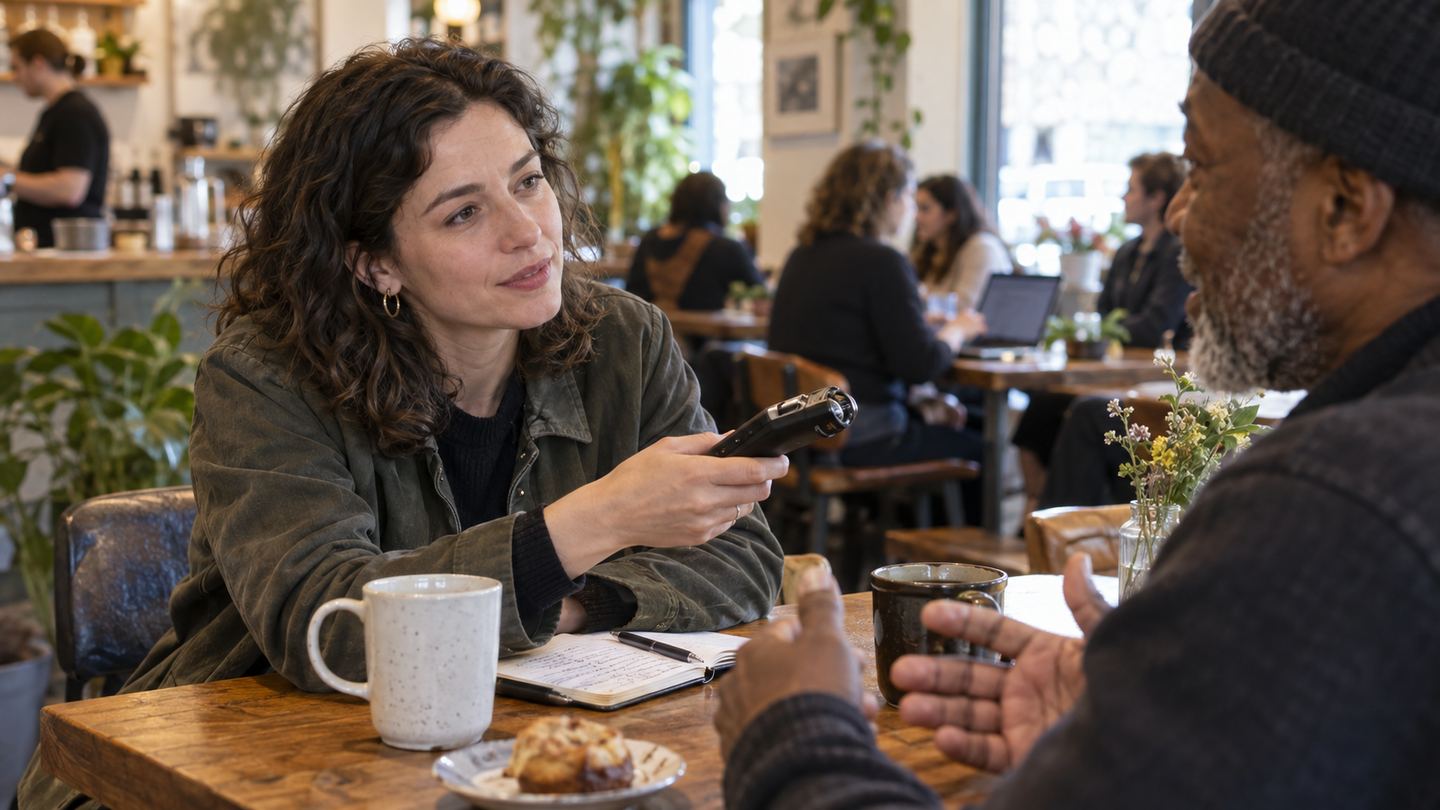 Community journalist using a small portable audio recorder during an interview at a cafe table