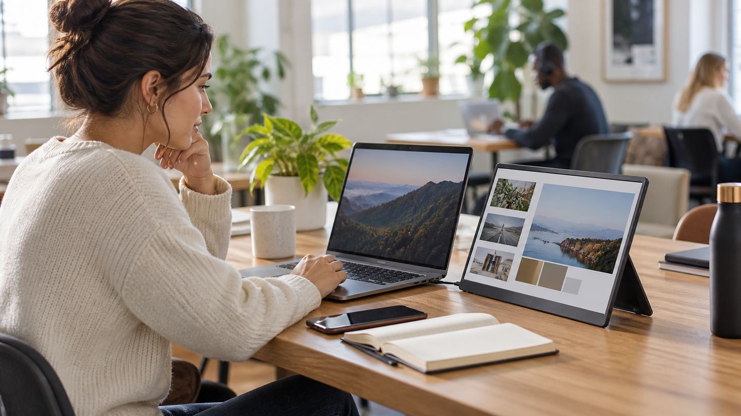 Hybrid worker using a portable second monitor beside a laptop at a bright coworking table