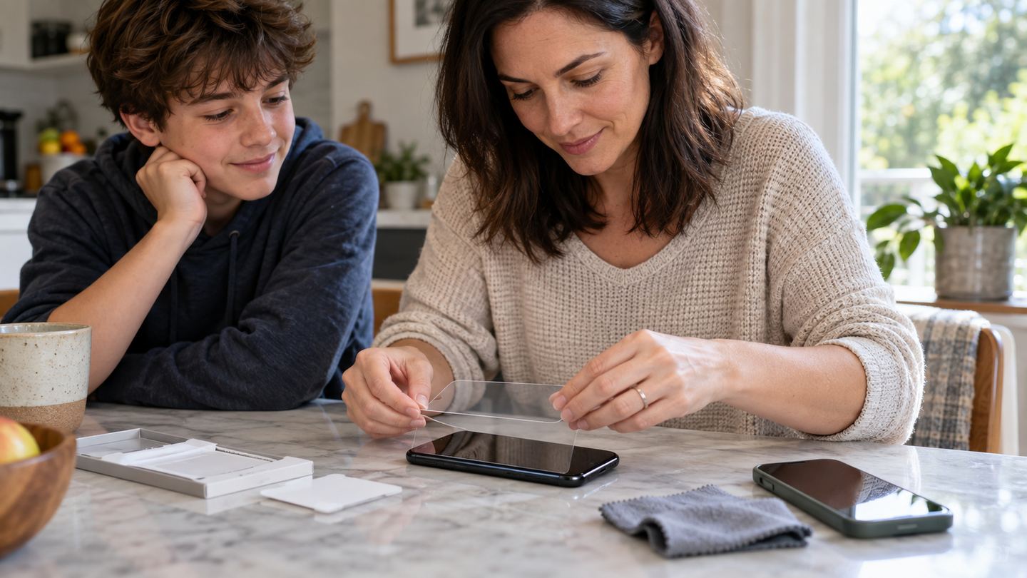 Family member applying a clear screen protector to a phone at a kitchen table