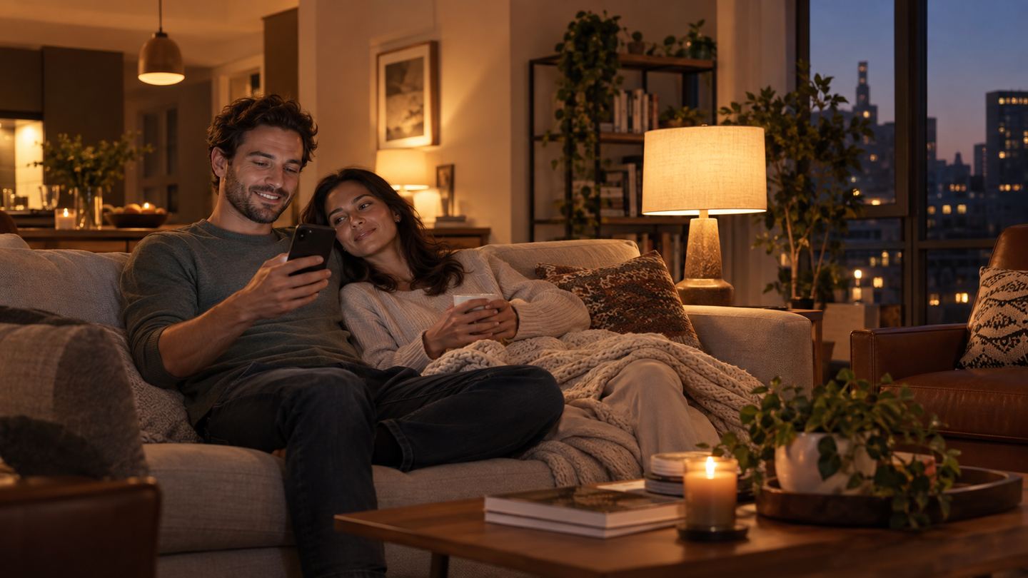 Family relaxing in a living room with warm smart-bulb lighting at dusk