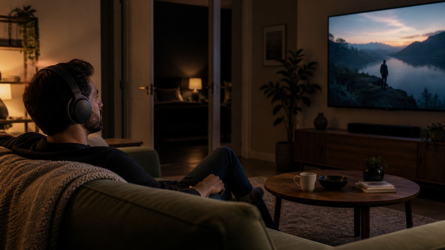 Person watching television with comfortable wireless headphones in a dim quiet apartment